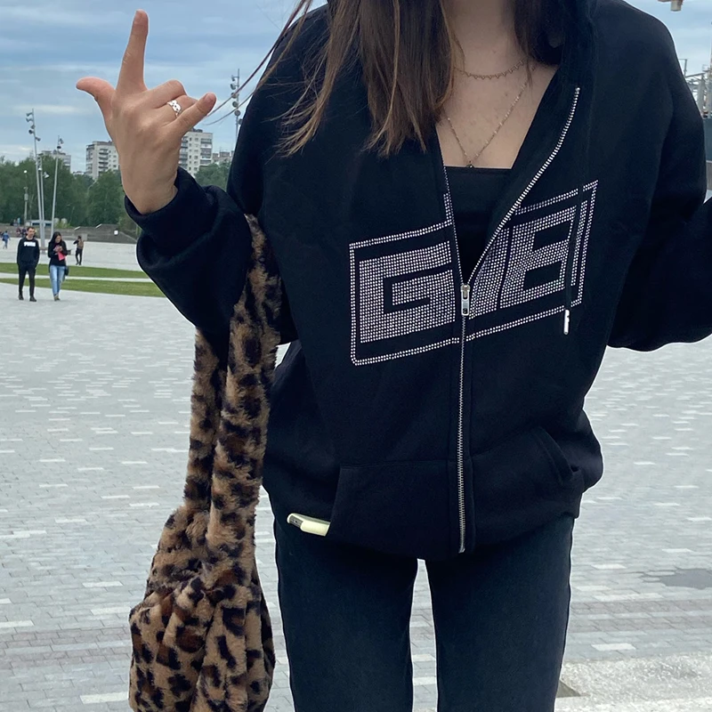 Felpa con cappuccio scheletro con cappuccio con cappuccio con strass Y2k  lucido Bling Bling|Hoodies \u0026 Sweatshirts| - AliExpress