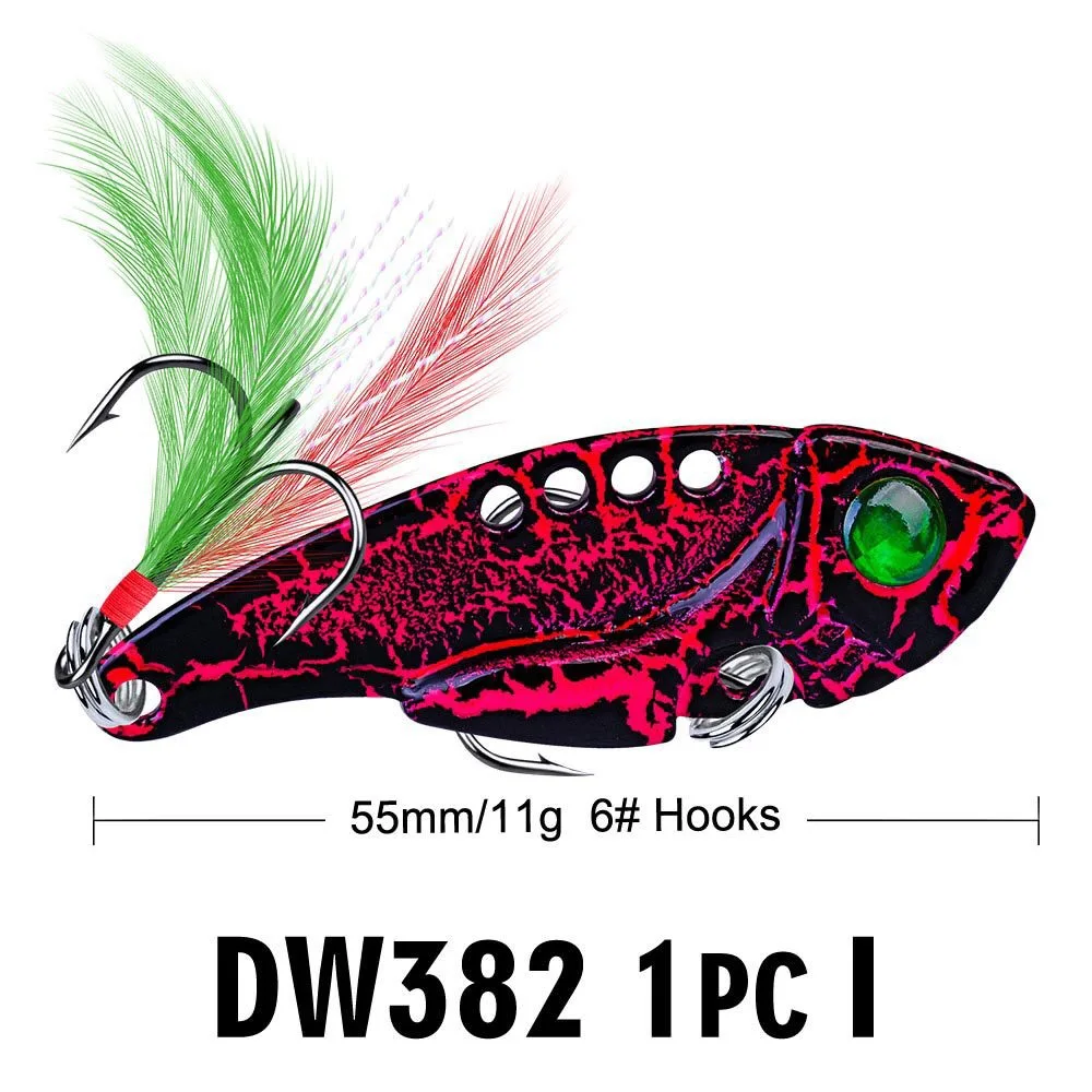 Evil 1pcs Metal VIB 11g/5.5cm Fishing Lure Vibration Spoon Hard Baits with Feather Crankbait Wobbler Swimbait Cicada VIB Tackle