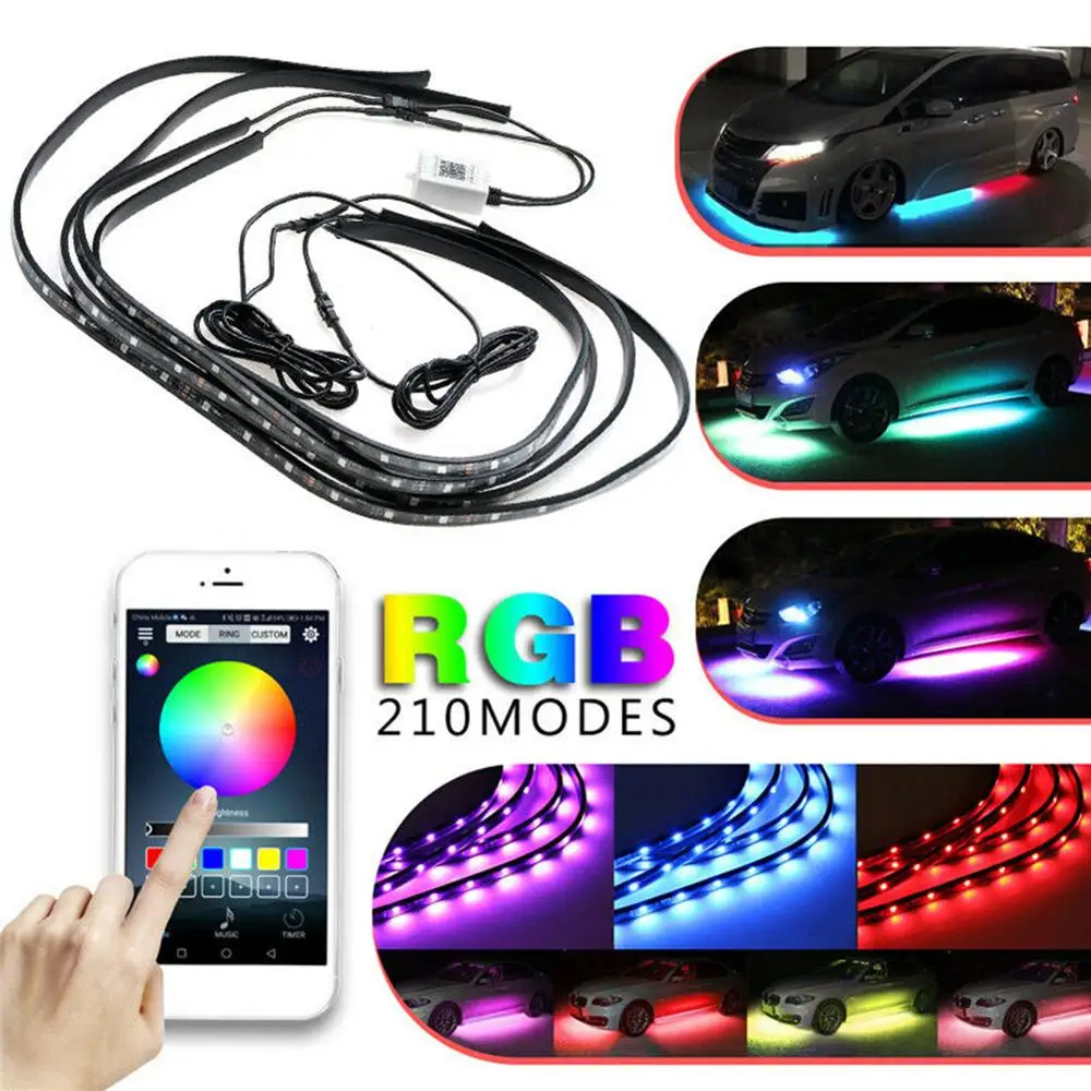 4PCS 12V IP65 Bluetooth App Control RGB LED Strip Under Car 60 90 cm Tube Underglow Underbody System Neon Light