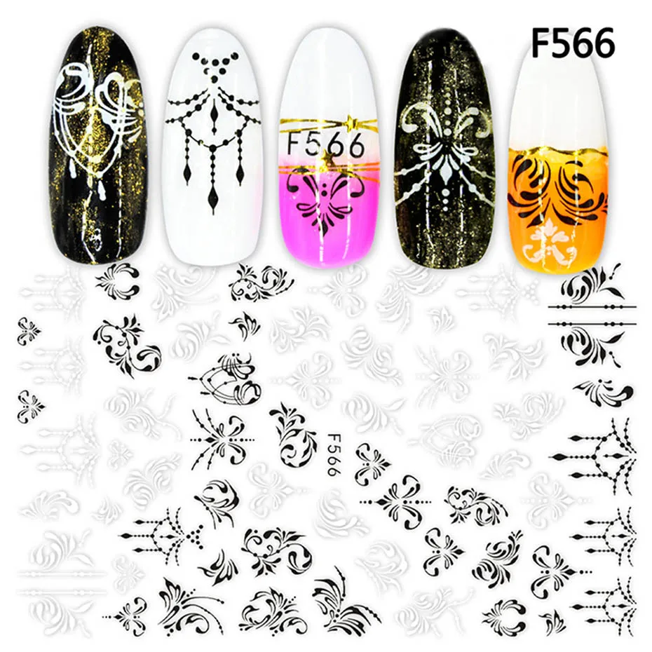F566 1 шт., черные, белые наклейки с русскими буквами для ногтей, цветочный лист, фламинго, дизайн, клеящиеся кончики для маникюра, декор для ногтей, SAF554-573 - Цвет: F566