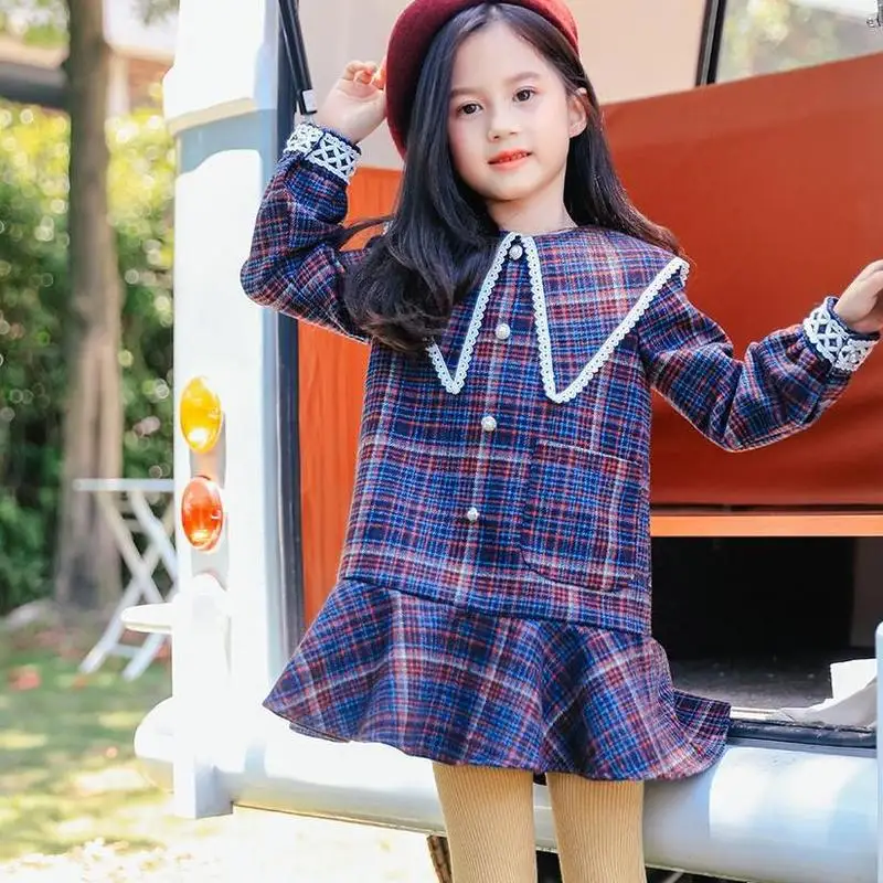 

Teen Dress Elegant Preppy Style Designer Plaid Trumpet Dress Pearl Decoration Girls Dresses for Party and Wedding 5 6 8 10 year