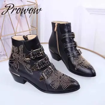 

HIgh Quality Genuine Leather Metal Floral Embroidery Ankle Boots Buckle Strap Zip Side Thick Heel Low Heel Winter Boots