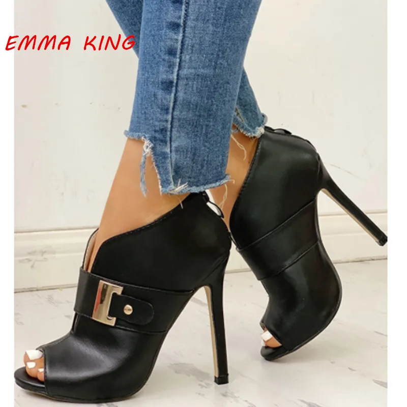 

Fashion Front Buckle Designer Women Peep Toe Stiletto Sandals Boots 2020 Leather Back Zip Leather High Heels Roman Shoes Woman
