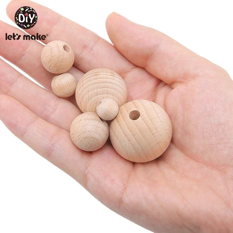 Let's Make 100pc Beech Hexagon Wooden Teether Beads Round 12-30mm Baby Rattle Beaded Wood Baby Teether Wooden Toys