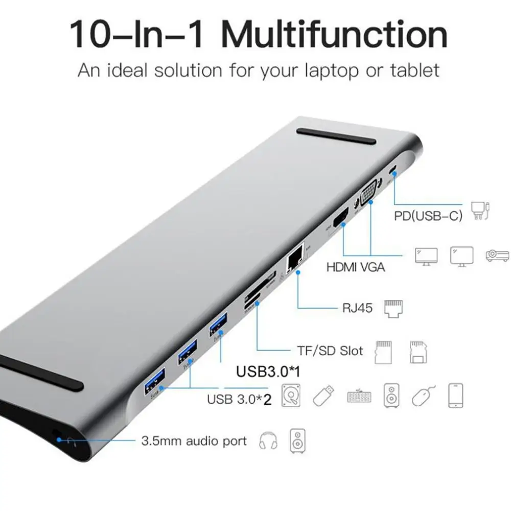 

10 In 1 Multi USB C HUB To HDMI VGA USB Audio Adapter For MacBook Type C HUB Docking Station For Laptop