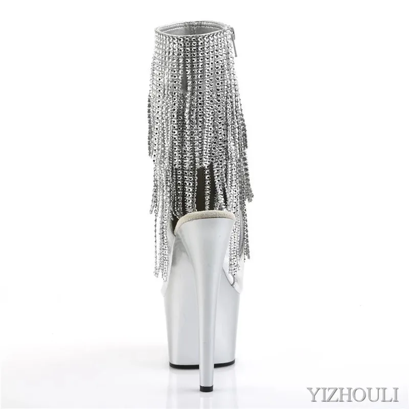 Pole dancing 17cm ankle boot, sparkly fringed vamp upholstery 7in road toe sexy model, dancing shoes