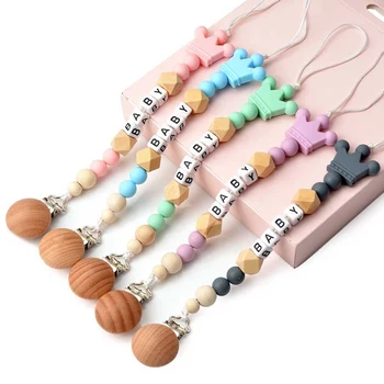 

Baby Handmade Silicone Pacifier Chains BABY Letters Safety Teething Chain Holder Baby Wooden Beads Teether Pacifier Clips Holder