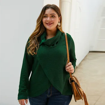 

Women Criss-Cross Front Turtleneck Winter Sweaters Plus Size Solid Dark Green Loose Pullovers Femme Jumpers Queen Size 4XL