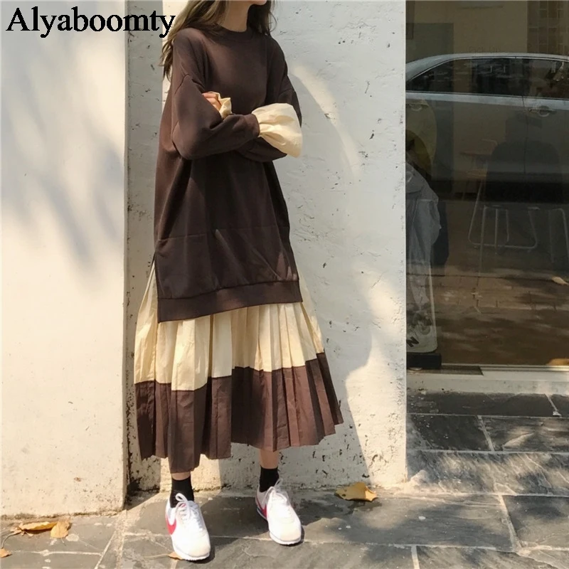 Корейский стиль Ulzzang осень-зима Для женщин длинное платье в стиле пэчворк толстовки плиссированное платье больших размеров коричневого цвета в стиле Харадзюку Выходное платье с рукавом