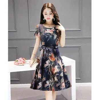 

Women O Neck Thin Temperament Sleeve Elegant Looser Show Printed Short Floral Casual Dresses hot sale