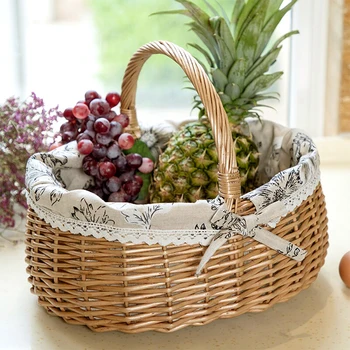 

Wicker Bread Basket Round Woven Tray With Handles For Picnic Serving Dinner