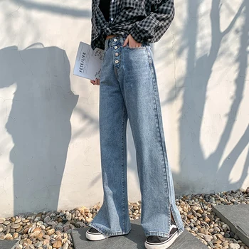 

2020 New Summer Pants Women Vintage Washed Jeans Loose High Waist Single Breasted Long Pants Fashion Split Wide Leg Pants Female
