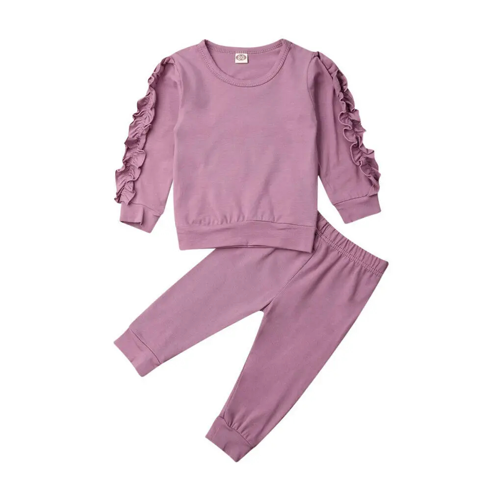 Осенняя однотонная детская одежда для маленьких девочек, топы с длинными рукавами и оборками, леггинсы, штаны, спортивный костюм, весенний комплект - Цвет: C