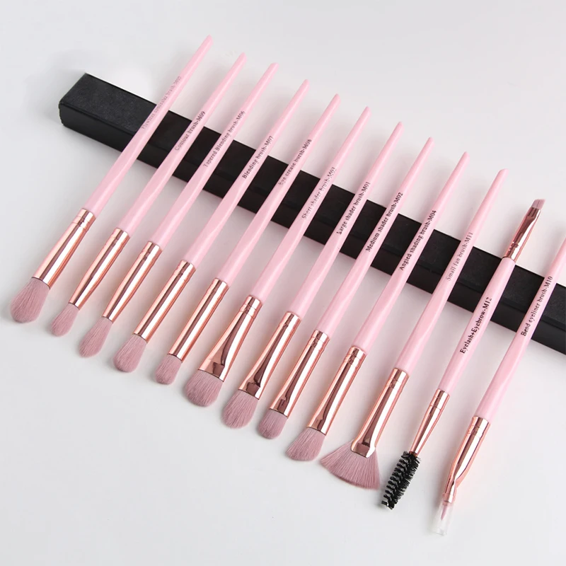 pink rose gold Наборы кистей для макияжа глаз, инструменты для красоты, 12 шт., кисти для глаз для женщин, портативные Профессиональные кисти для макияжа с косметичкой - Handle Color: pink rose gold