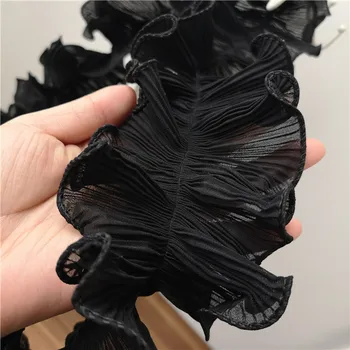 

5 Yards/lot Diy 9cm wide good quality encrypted soft chiffon pure black pleated skirt lace accessories