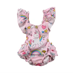 Vêtements d'été pour bébés filles, dos nu, imprimé licorne de dessin animé, combinaison sans manches, ensemble de tenues 