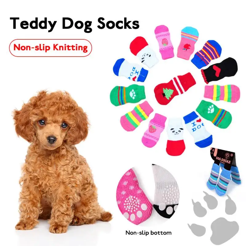 

Cute Puppy Knit Socks for Small Dogs, Cotton Anti-Slip Cat Shoes, Indoor Wear, Slip On Paw Protector, Autumn, Winter, 4Pcs Set