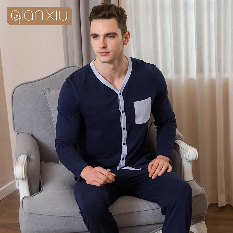 Men's Spring Autumn Cotton Dark Blue Pajamas Crew neck Long Sleeve Suit Home Suit Men's Pajamas Cardian Sleepwear Nightgown