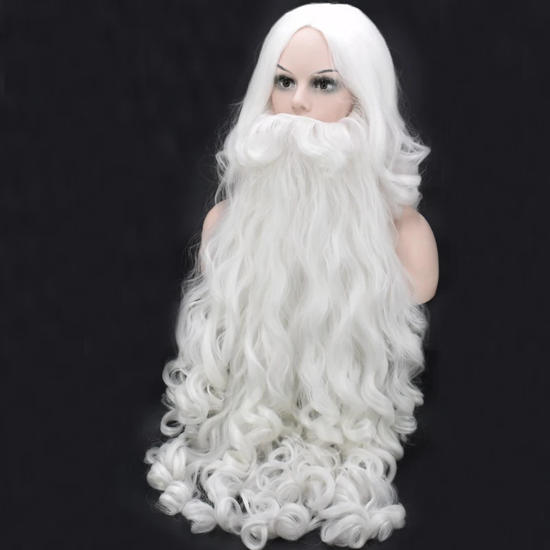 Рождественский косплей парик борода Санта Клаус белые кудрявые Длинные Синтетические волосы Взрослый Хэллоуин Косплей Костюм подарок ролевые игры+ парик шапка