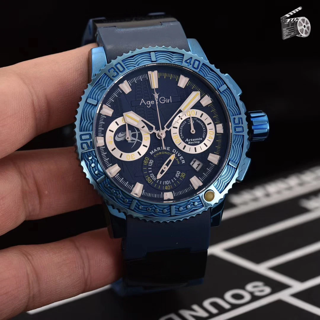 Blue Bezel Роскошные брендовые новые мужские часы с хронографом из розового золота, черного, синего цвета, ограниченная серия, серебряные, резиновые, из нержавеющей стали, прозрачные светящиеся спортивные часы - Цвет: Blue Bezel