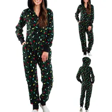 Женская одежда для сна с длинным рукавом с капюшоном, Рождественская пижама с принтом, одежда для сна, комбинезон, одежда для сна, пижамы