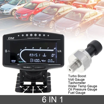 

12 / 24V 6 In 1 Car Digital LCD Gauge Oil Pressure Gauge+Voltmeter+Water Temperature Gauge+Fuel Gauge+Tachometer+Turbo Boost