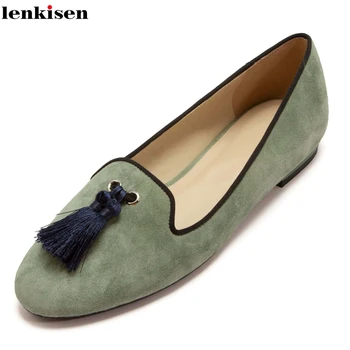 

Lenkisen 2020 new hot high quality handmade sheep suede round toe low square heels slip on beauty lady sweet leisure pumps L8f1
