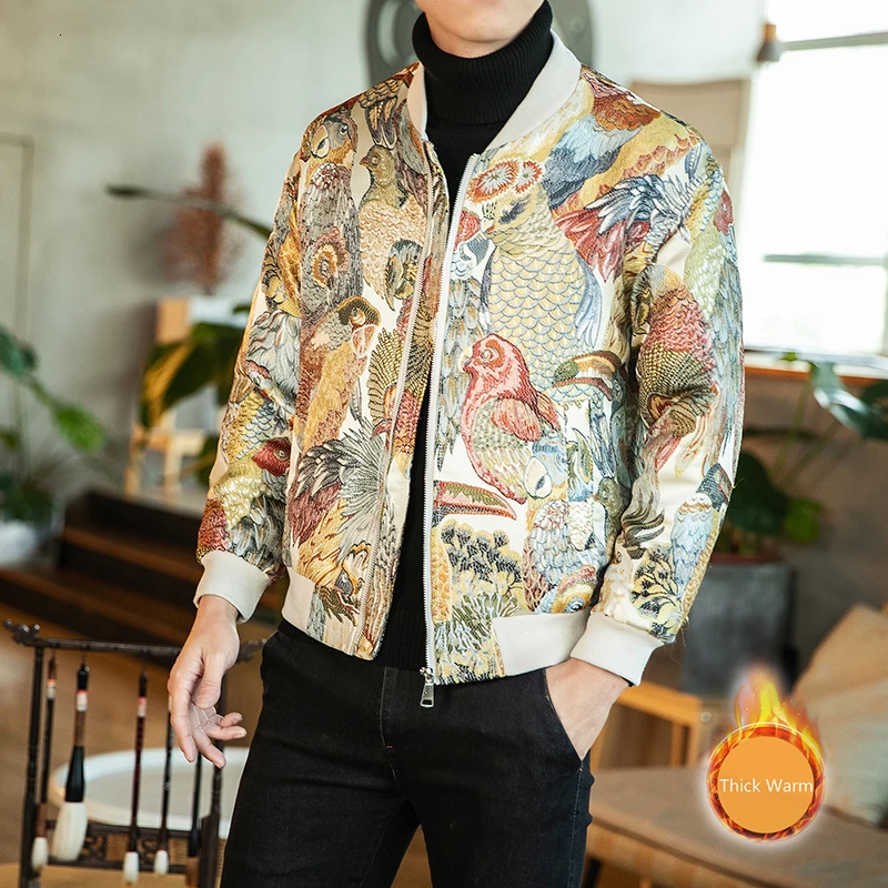 Осенняя куртка, утолщенная винтажная Мужская куртка, Chaquetas Hombre Corta Vientos Hombre Ropa Hombre, Свободное пальто с вышивкой животных - Цвет: JK89BeigeThicken