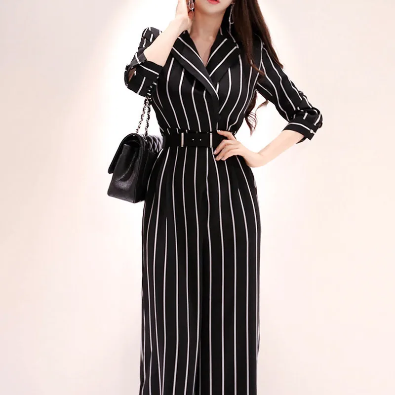 

and summer 2020 cross border Korean style suit collar slim stripe wide leg pants show thin professional one-piece pants