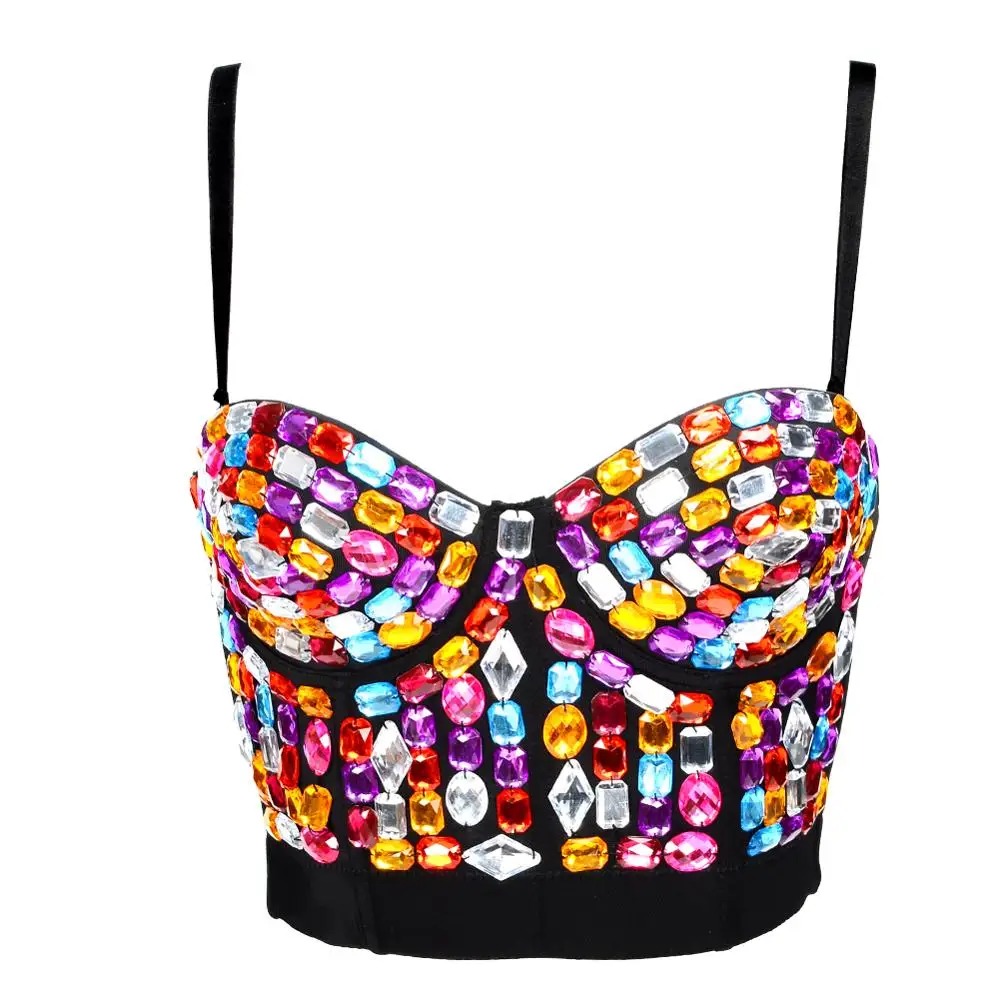 Rhinestone Bra Top Women's Colorful Gothic Punk Push Up Bra Clubwear Party Bustier Crop Corset Top Sexy lingerie