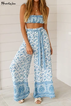 

Huaxiafan 2 Pieces Suits Sets Women Floral Print Elastic Short Slip Top And Long Pant Elastic Waist Sets Suits 2019 Femme Summer