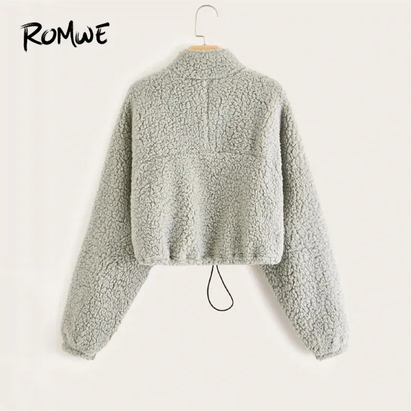  ROMWE Zip Half Placket Drawstring Teddy Sweatshirt Women Kpop Crop Top Hoodie 2019 Winter Clothes G
