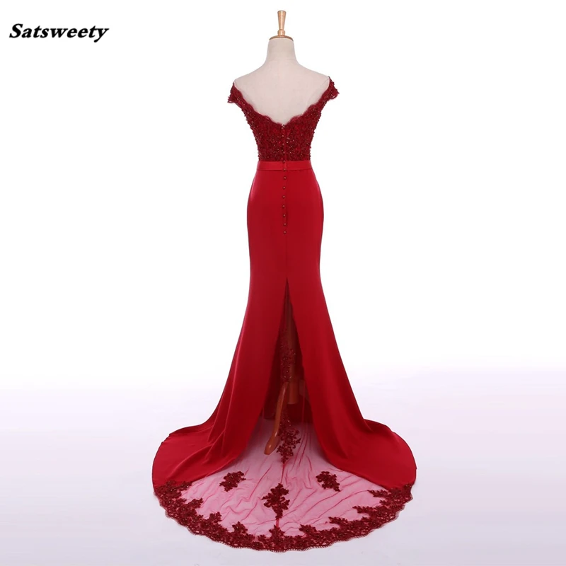 Red Cheap Bridesmaid Dresses Under 50 Mermaid V-Neck Cap Sleeves Appliques Lace Backless Wedding Party Dress