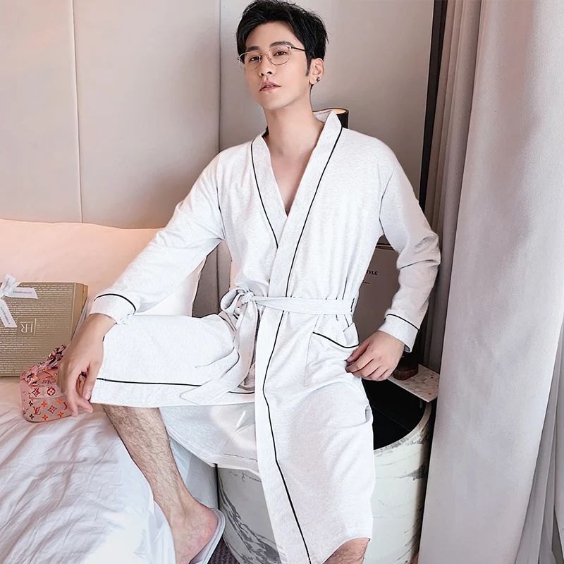 

Men Long Sleeve Sleep Bath Robes Homewear V Neck Pockets Cozy Bathrobe Lovers Couples Pure Cotton Leisure Mens Nightgown Dress