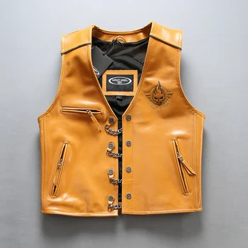 

New Style 2020 Men's Genuine Leather Motorcycle Vest Yellow Back 3D Skull Punk Thick Cowhide Vest Bomber Sleeveless Jacket