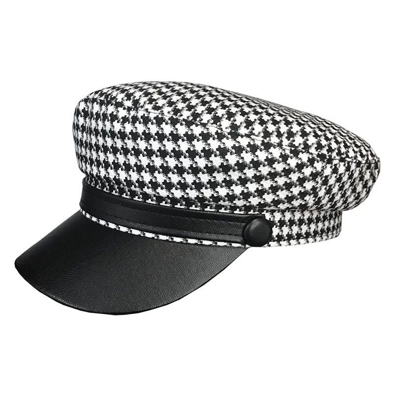 JIN-Swhbias Octagonal Cap for Women Plaid leather Visors Newsboy Cap New Vintage Autumn Winter Berets Ladies Hat