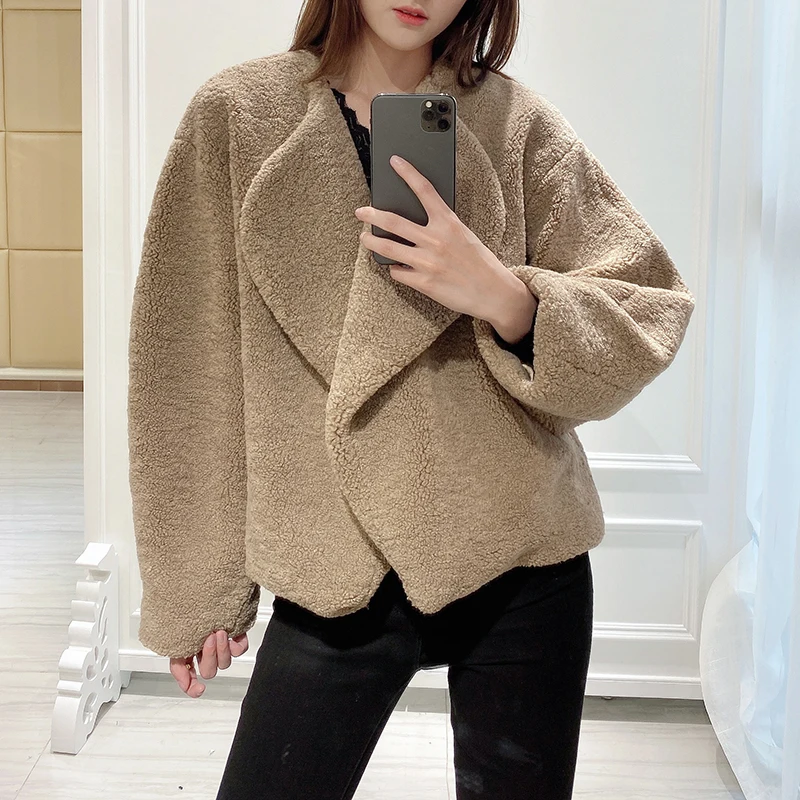 

Women's Solid Color Short Cardigan Buttonless Long Sleeve Loose Casual 2020 Autumn Winter Lady Coat