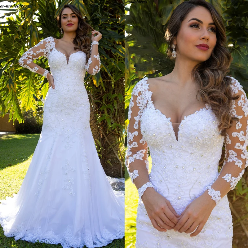 

Long Sleeves Mermaid Wedding Dresses Lace Appliques Crystal Backless Bridal Gowns Bride Dress Vestido de Noiva Robe De Mariee