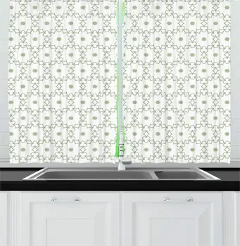 

White Pistachio Green Abstract Kitchen Curtains Intertwined Leaves Colored Floral Elements Print on Plain Backdrop Window Drapes