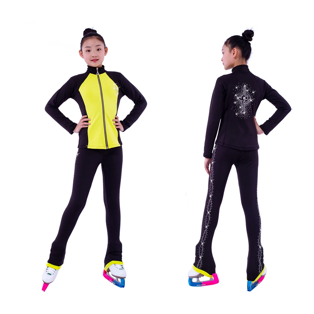 New Ice Figure Skating Jacket Pants Women Girl Trousers Top Black Teens Children Kids Colored Blue Rhinestones Training