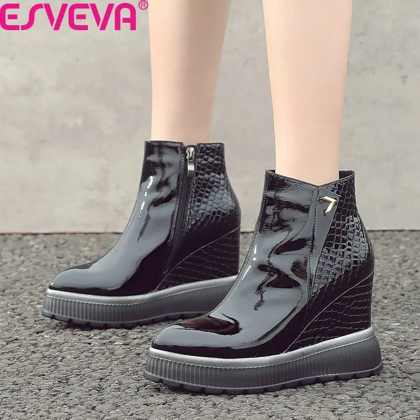 

ESVEVA 2020 New Autumn Winter Wedge Heel Pointed Toe Zipper Ankle Boots Patchwork Cow Leather PU Platform Women Shoes Size 34-42