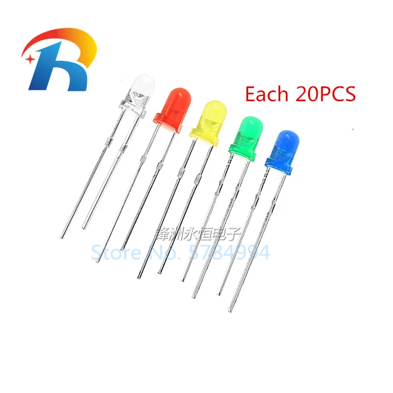 

100pcs/lot F3 3MM LED light bright Round Green Yellow Blue White Red LED Light COMPONENT Diode DIY kit Each 20PCS