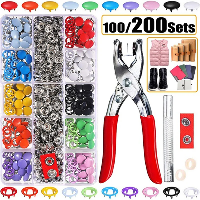 Snap Fasteners Kit: 200 Sets of Metal Snap Buttons with Pliers