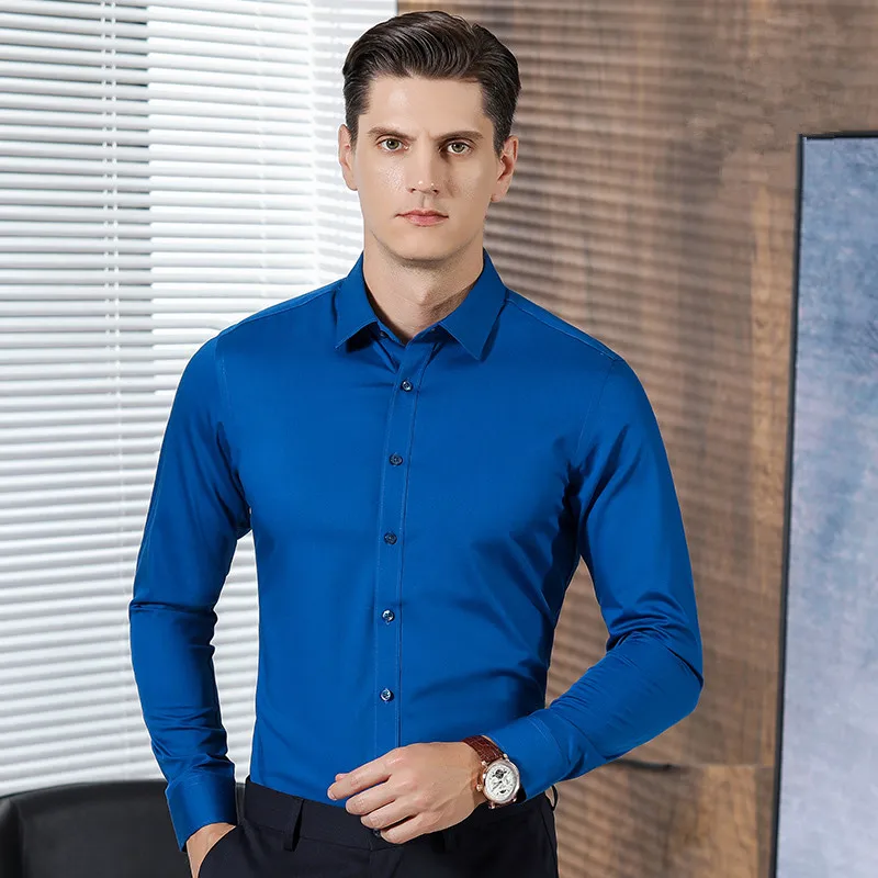Bamboo Fiber Men Shirt Long Sleeve Luxury Solid Stretch Comfort Soft Square Collar Brand Formal Slim Fit Non Iron Smooth Camisa