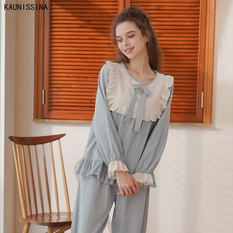

Wome Long Sleeve Pajamas Spring Autumn Retro Court Style Sweet Princess Lace Sleepwear Homewear Set Ladies Cotton Pajama Sets