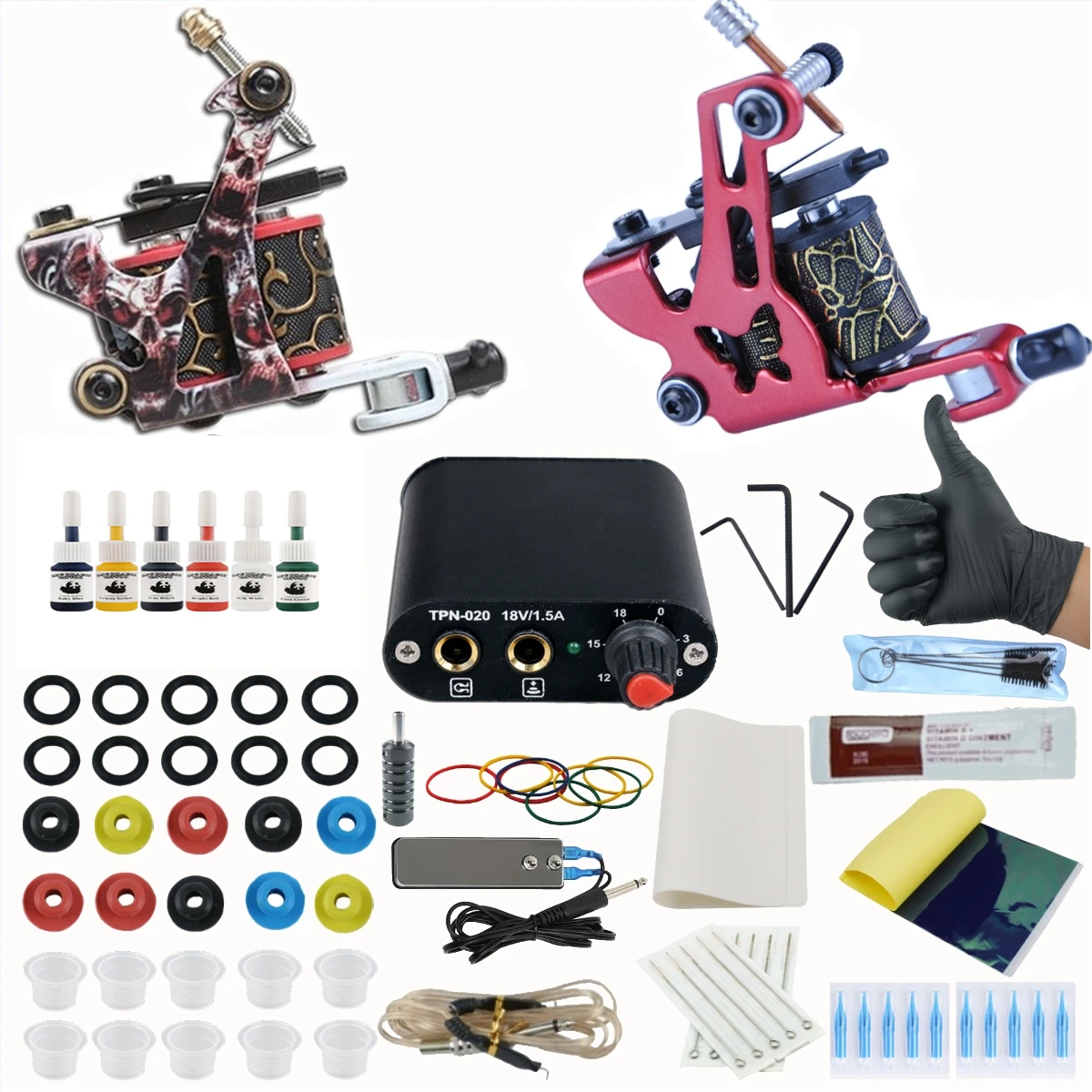 

2 Tattoo Machines Gun 6Bottle Ink Set Black Power Supply Grips Body Art Tools Set Permanent Makeup Tattoo Set
