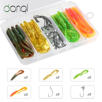 

DONQL 32Pcs/Box Artificial Strong Flshy Smell Soft Fishing Lure Silicone Worm Bait Set + 16Pcs Fishhook Bait Tackle