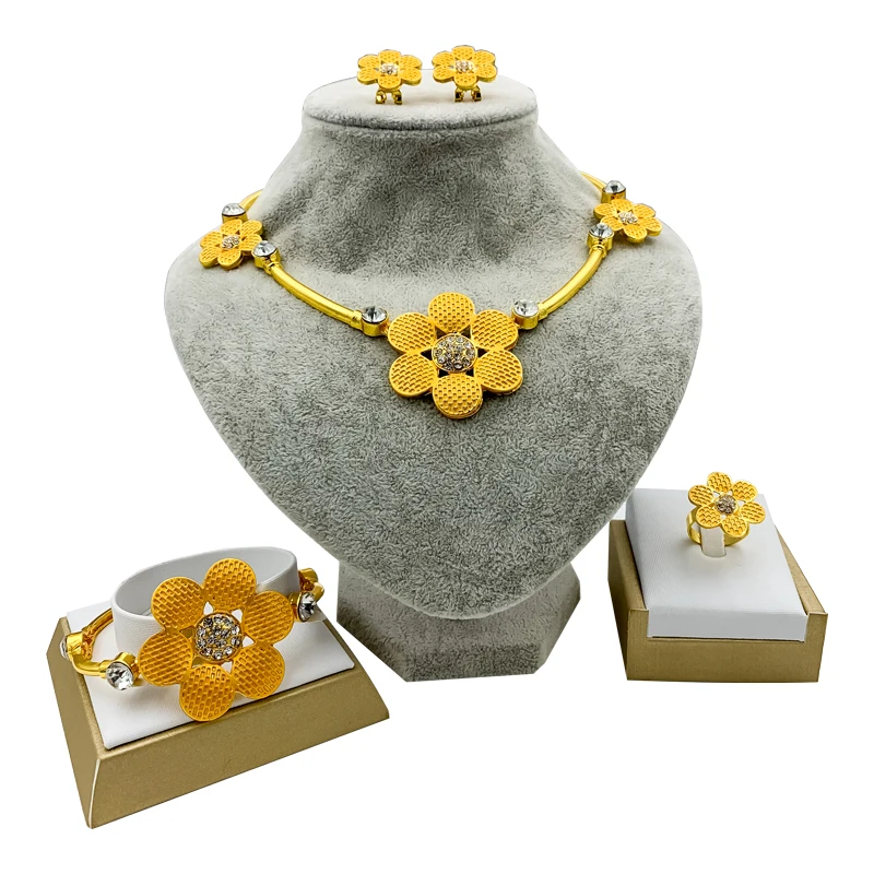 African Fashion Jewelry Sets for Women Flower Necklace Bracelet Earrings Ring Dubai Elegant