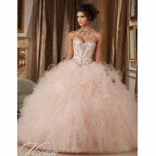 

Blush Pink Quinceanera Dresses Ball Gown Sweetheart Organza Ruffles Beaded Crystals Cheap Sweet 16 Dresses HWF050