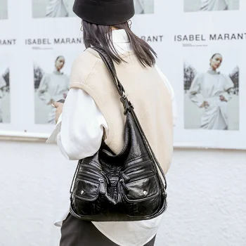 

2020 New Wild Black Women Hobo Bag Quality Multifunctional Leather Lady Shoulder Bags Female Multi Pocket Crossbody Shopper Bag